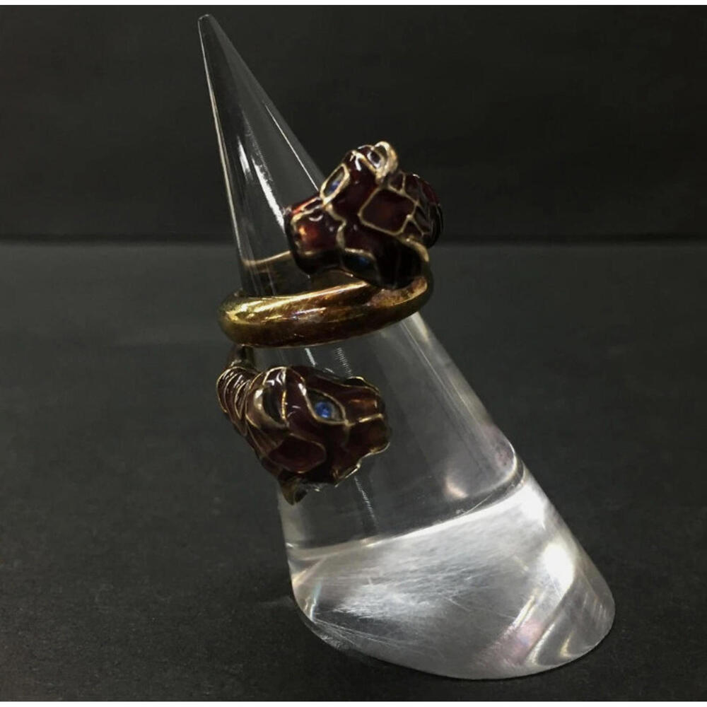 Gucci Gold Double Tiger Head Ring Pinky Blue Crystal Eyes Gold Tone Size 46 3.75